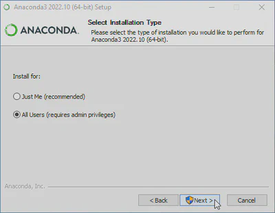 Anaconda3 Setup Select Installation Type