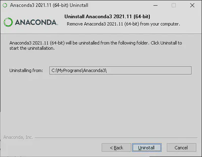 Uninstall Anaconda3 2021.11 (64-bit) from specified location.